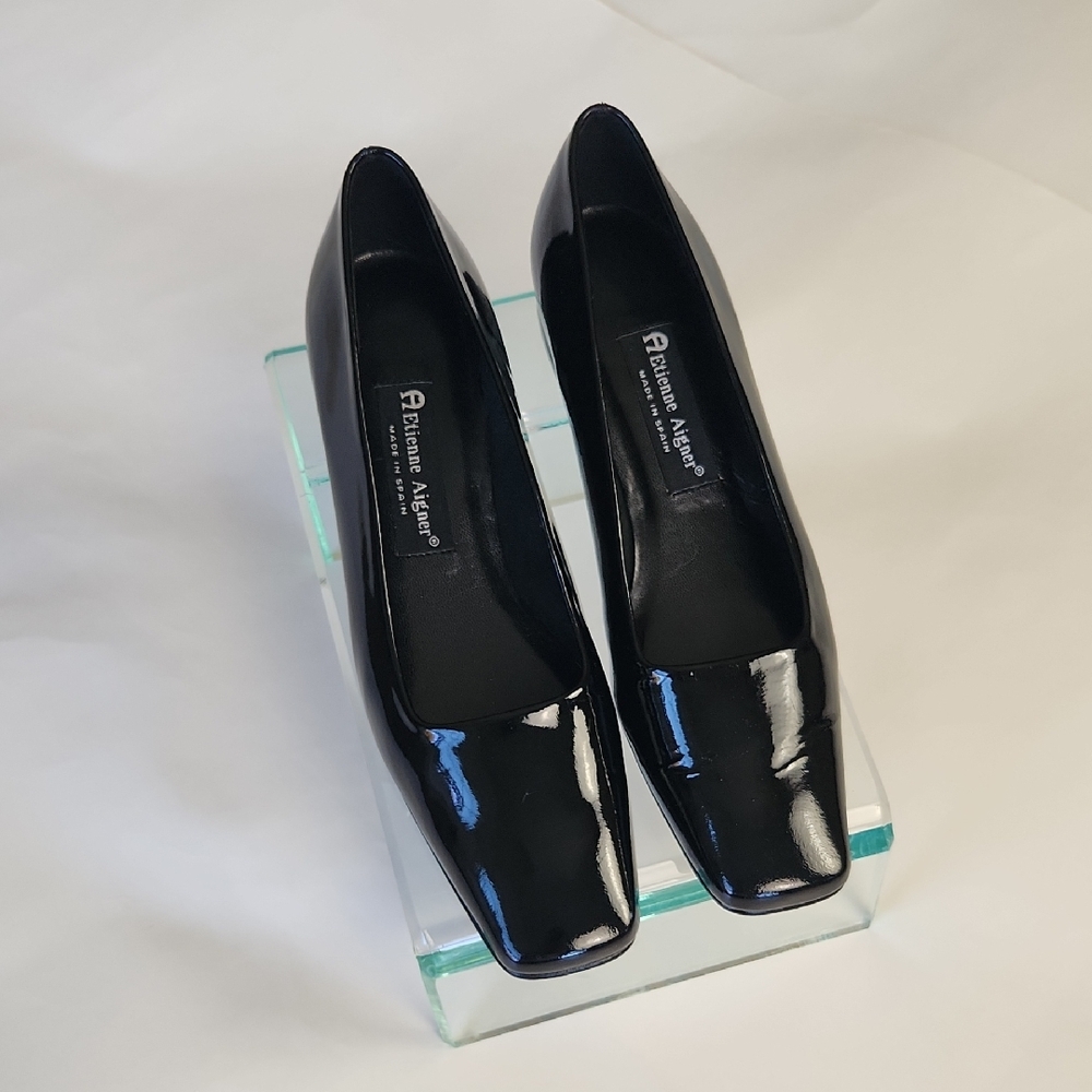 Etienne Aigner 8 Vintage TWIGGY Patent Leather Shiny Black 90s Square Toe Heel